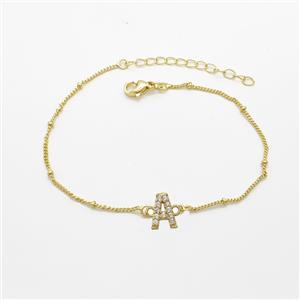 Copper Bracelet With Letter-A Pave Zirconia Gold Plated, approx 6-9mm, 19-24cm length [FN54062]