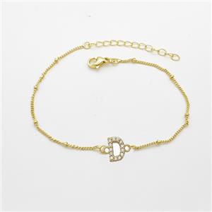 Copper Bracelet With Letter-D Pave Zirconia Gold Plated, approx 6-9mm, 19-24cm length [FN54065]