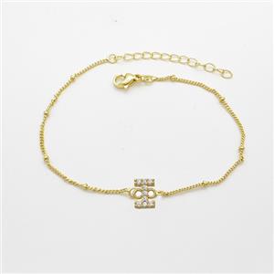 Copper Bracelet With Letter-I Pave Zirconia Gold Plated, approx 6-9mm, 19-24cm length [FN54070]