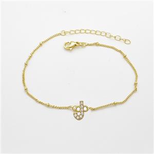 Copper Bracelet With Letter-J Pave Zirconia Gold Plated, approx 6-9mm, 19-24cm length [FN54071]