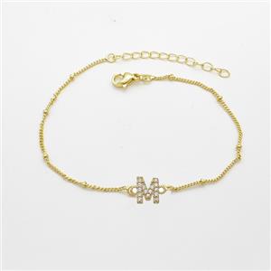 Copper Bracelet With Letter-M Pave Zirconia Gold Plated, approx 6-9mm, 19-24cm length [FN54074]