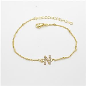 Copper Bracelet With Letter-N Pave Zirconia Gold Plated, approx 6-9mm, 19-24cm length [FN54075]