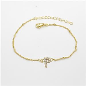 Copper Bracelet With Letter-P Pave Zirconia Gold Plated, approx 6-9mm, 19-24cm length [FN54077]