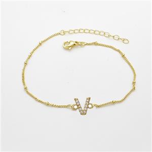 Copper Bracelet With Letter-V Pave Zirconia Gold Plated, approx 6-9mm, 19-24cm length [FN54083]