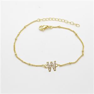 Copper Bracelet With Letter-W Pave Zirconia Gold Plated, approx 6-9mm, 19-24cm length [FN54084]