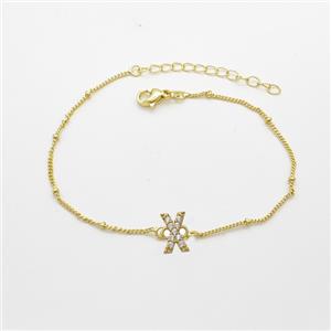 Copper Bracelet With Letter-X Pave Zirconia Gold Plated, approx 6-9mm, 19-24cm length [FN54085]