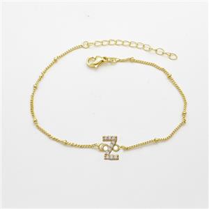 Copper Bracelet With Letter-Z Pave Zirconia Gold Plated, approx 6-9mm, 19-24cm length [FN54087]