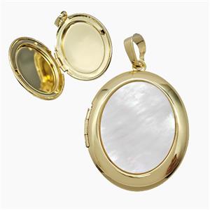 Copper Oval Locket Pendant Pave Shell 18K Gold Plated, approx 25-30mm [FN54520]