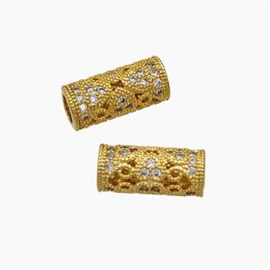 Copper Tube Beads Micropave Zirconia Column Large Hole 18K Gold Plated, approx 6-13.5mm, 4mm hole [FN54594]