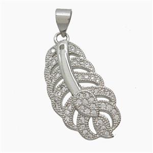 Copper Feather Pendant Pave Zirconia Platinum Plated, approx 13-23mm [FN54655]