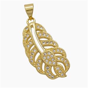 Copper Feather Pendant Pave Zirconia 18K Gold Plated, approx 13-23mm [FN54656]