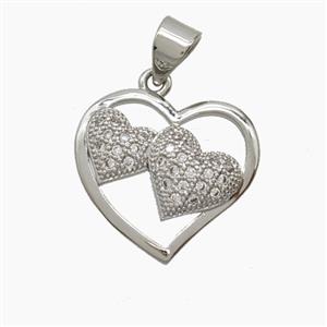 Copper Double Heart Pendant Pave Zirconia Platinum Plated, approx 16mm [FN54812]