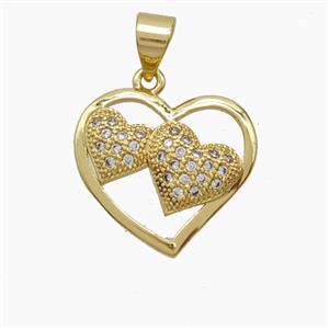 Copper Double Heart Pendant Pave Zirconia 18K Gold Plated, approx 16mm [FN54813]