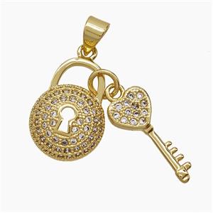 Copper Key Lock Pendant Pave Zirconia 18K Gold Plated, approx 7-17mm, 12-16mm [FN54825]