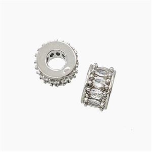 Copper Rondelle Beads Pave Zirconia Large Hole Platinum Plated, approx 5-9mm, 3.5mm hole [FN54905]