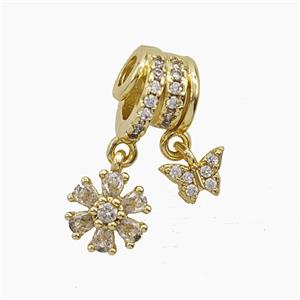 Copper Flower Butterfly Pendant Pave Zirconia Gold Plated, approx 6mm, 8mm, 10mm, 3mm hole [FN54918]