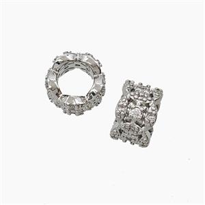 Copper Tube Beads Pave Zirconia Large Hole Platinum Plated, approx 8mm, 4mm hole [FN54934]