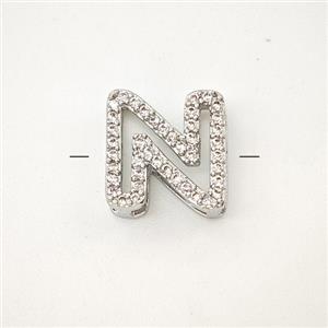 Copper Letter-N Beads Pave Zirconia Platinum Plated, approx 7-11mm [FN54991]