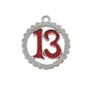 Lucky Number 13 Charms Copper Pendant Red Enamel Platinum Plated, approx 16mm [FN55056]