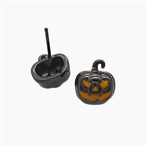 Halloween Pumpkin Copper Stud Earrings Enamel Black Plated, approx 10-11mm [FN55106]