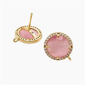 Copper Circle Stud Earrings Pave Zirconia Pink Jadeite Glass Gold Plated, approx 15mm [FN55109]