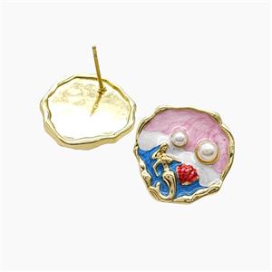 Copper Mermaid Stud Earrings Pave Resin Enamel Gold Plated, approx 19mm [FN55111]
