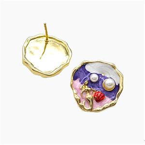 Copper Mermaid Stud Earrings Pave Resin Enamel Gold Plated, approx 19mm [FN55112]