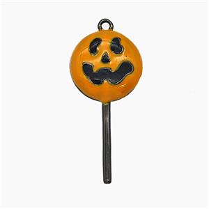 Halloween Pumpkin Lollipop Charms Copper Pendant Orange Enamel Black Plated, approx 13.5-30mm [FN55118]