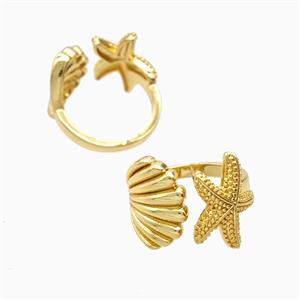 Copper Starfish And Scallop Shell Rings 18K Gold Plated, approx 15mm, 18mm dia [FN55246]