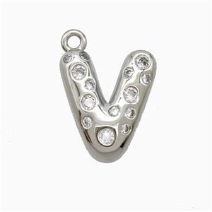Copper Letter-V Pendant Pave Zirconia Platinum Plated, approx 15-18mm [FN55411]