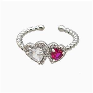 Copper Heart Rings Pave Zirconia Crystal Glass Platinum Plated, approx 7mm, 8mm, 18mm dia [FN55669]