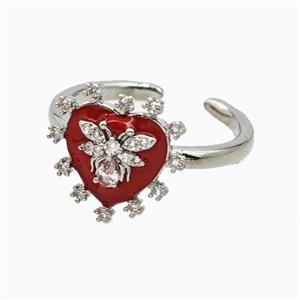 Copper Heart Rings Pave Zirconia Red Enamel Honeybee Platinum Plated, approx 14mm, 18mm dia [FN55736]