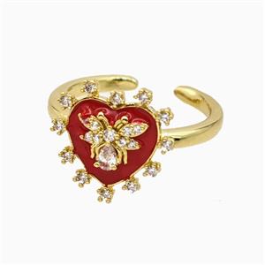 Copper Heart Rings Pave Zirconia Red Enamel Honeybee Gold Plated, approx 14mm, 18mm dia [FN55737]