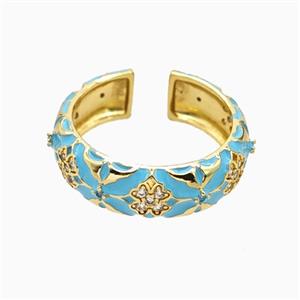Copper Ring Pave Zirconia Teal Enamel Gold Plated, approx 7mm, 18mm dia [FN55744]