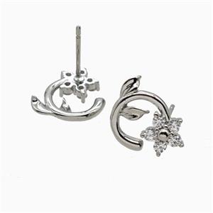 Copper Flower Stud Earrings Pave Zirconia Platinum Plated, approx 7mm, 10mm [FN55820]