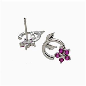 Copper Flower Stud Earrings Pave Zirconia Platinum Plated, approx 7mm, 10mm [FN55822]
