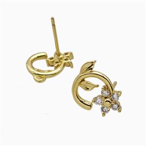 Copper Flower Stud Earrings Pave Zirconia Gold Plated, approx 7mm, 10mm [FN55824]