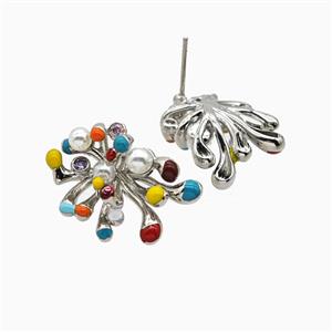 Copper Flower Stud Earrings Pave Resin Multicolor Enamel Platinum Plated, approx 15-20mm [FN55838]