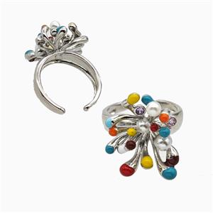Copper Flower Rings Pave Resin Multicolor Enamel Platinum Plated, approx 15-20mm, 18mm dia [FN55840]