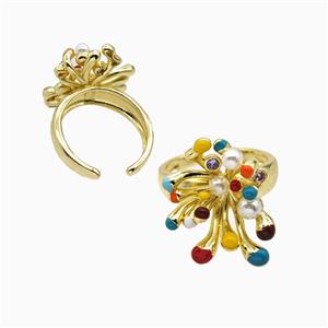 Copper Flower Rings Pave Resin Multicolor Enamel Gold Plated, approx 15-20mm, 18mm dia [FN55841]
