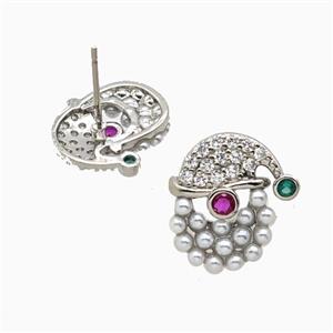 Christmas Santa Claus Charms Copper Stud Earrings Pave Zirconia Resin Platinum Plated, approx 12-15mm [FN55844]