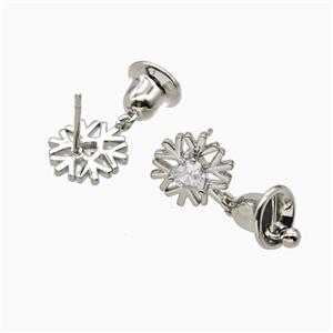 Christmas Bell And Snowflake Charms Copper Stud Earrings Pave Zirconia Platinum Plated, approx 10mm, 7mm [FN55846]