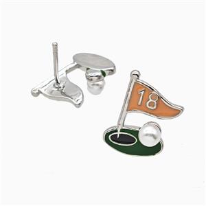 Golf Flag Charms Copper Stud Earrings Pave Resin Enamel Sports Platinum Plated, approx 11-16mm [FN55848]