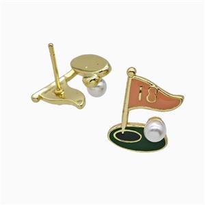 Golf Flag Charms Copper Stud Earrings Pave Resin Enamel Sports Gold Plated, approx 11-16mm [FN55849]