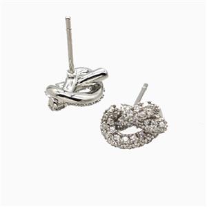 Copper Knot Stud Earrings Pave Zirconia Platinum Plated, approx 7-11mm [FN55850]