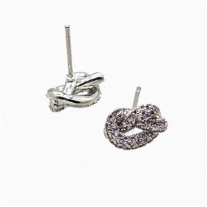 Copper Knot Stud Earrings Pave Zirconia Platinum Plated, approx 7-11mm [FN55851]