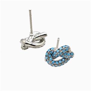 Copper Knot Stud Earrings Pave Zirconia Platinum Plated, approx 7-11mm [FN55855]
