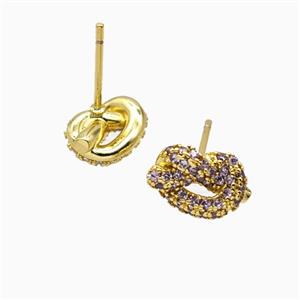 Copper Knot Stud Earrings Pave Zirconia Gold Plated, approx 7-11mm [FN55857]