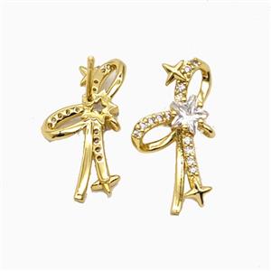 Copper Bowknot Stud Earrings Pave Zirconia Gold Plated, approx 12-21mm [FN55874]
