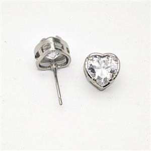 Copper Heart Stud Earrings Pave Zirconia Platinum Plated, approx 8.5mm [FN55878]